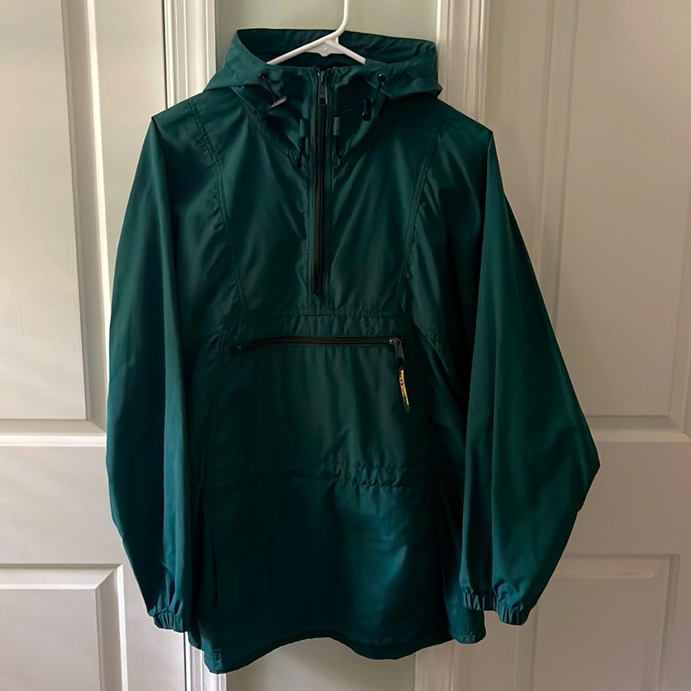 VTG LL Bean 1/4” zip front Anorak windbreaker jacket green pullover hooded.